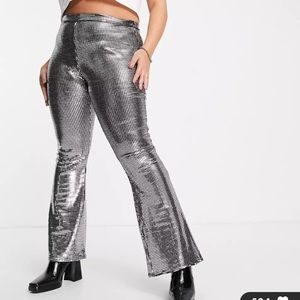 ASOS DESIGN Curve chainmail sequin slim flare pant in silver 6 petite